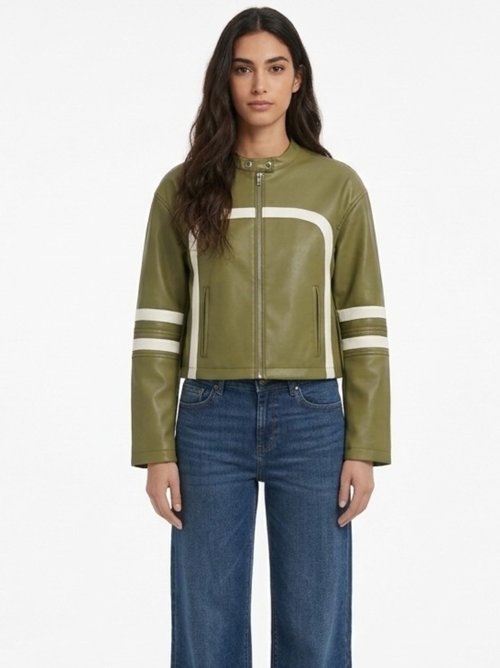 Vintage Faux-Leather Varsity Striped Cropped Zip-Front Jacket In Olive Green